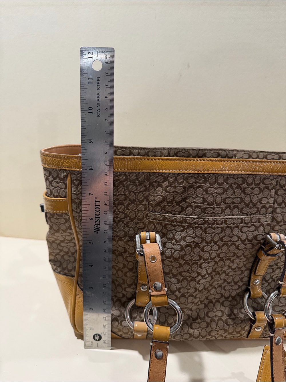 Authentic vintage Coach Signature Gallery Tote Bag khaki Brown w/tan leather - Picture 8 of 16
